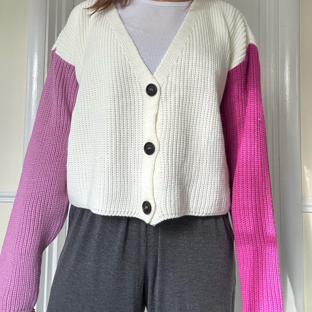 PrettyLittleThing Cream and Pink Cardigan Sweater